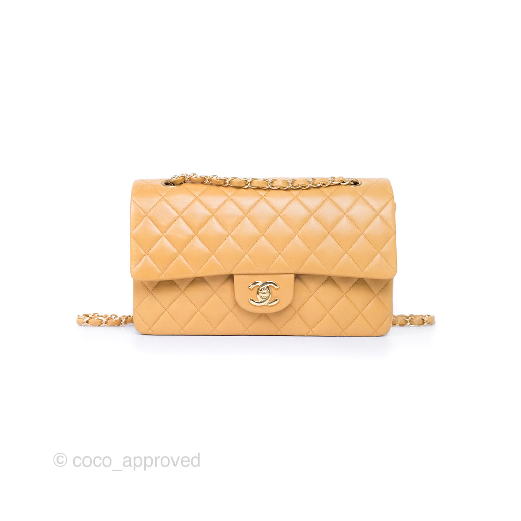 Chanel Classic M/L Medium Flap Quilted Beige Lambskin 24K Gold Hardware