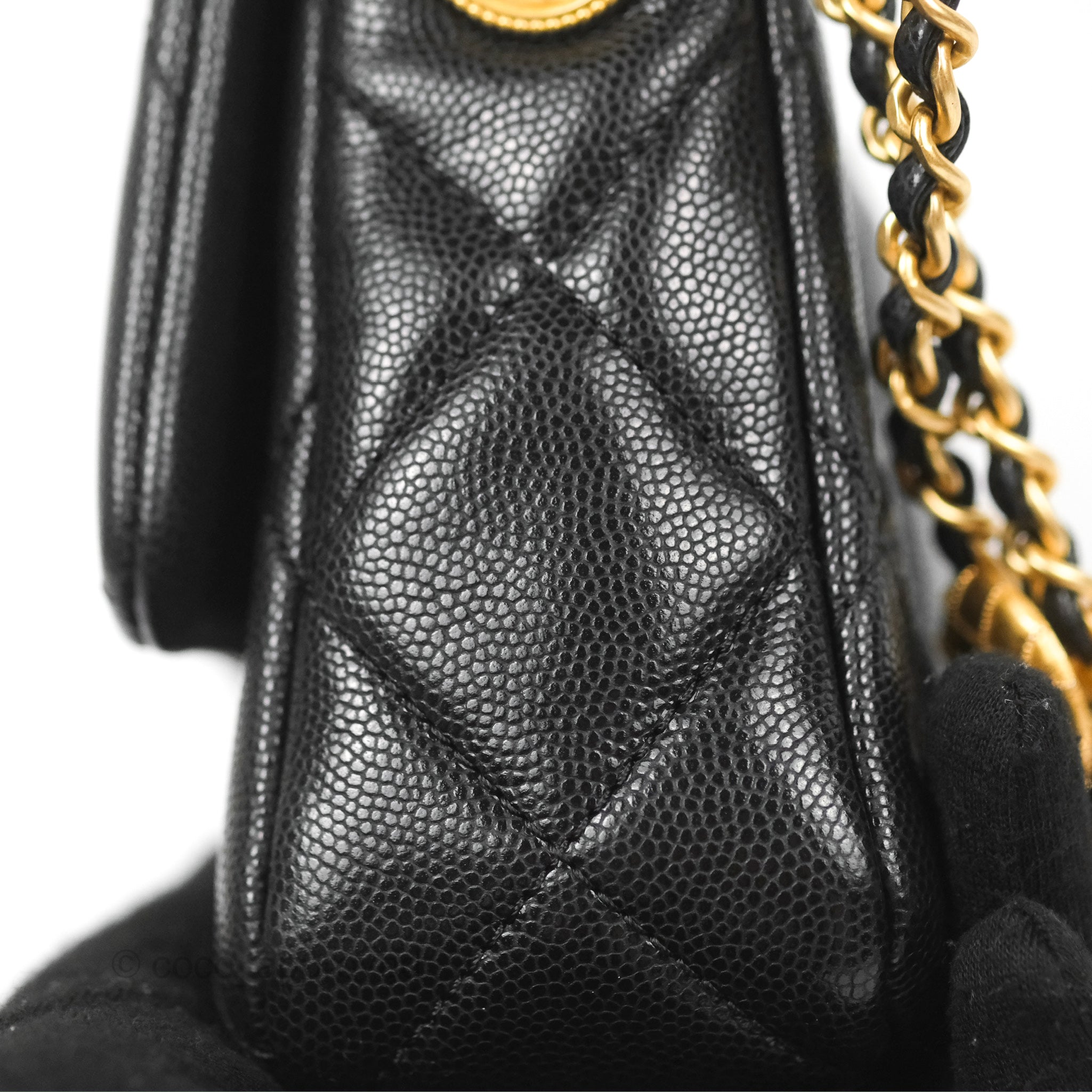 Chanel Small Flap with Coin Charm Black Caviar Aged Gold Hardware