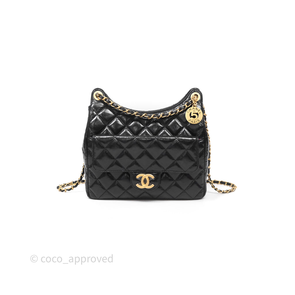 Chanel Medium Quilted Wavy CC Hobo Black Shiny Crumpled Calfskin Aged Gold Hardware