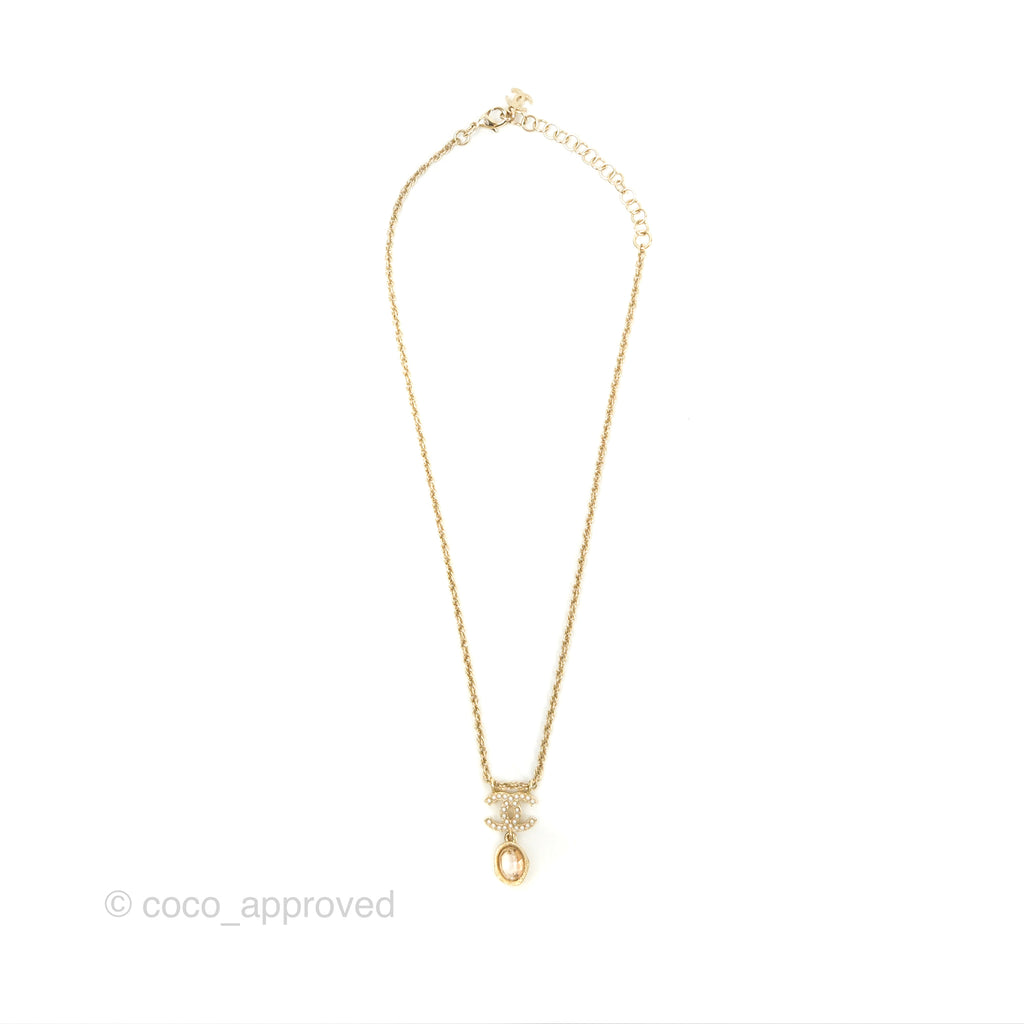 Chanel Crystal Pearl CC Drop Necklace Gold