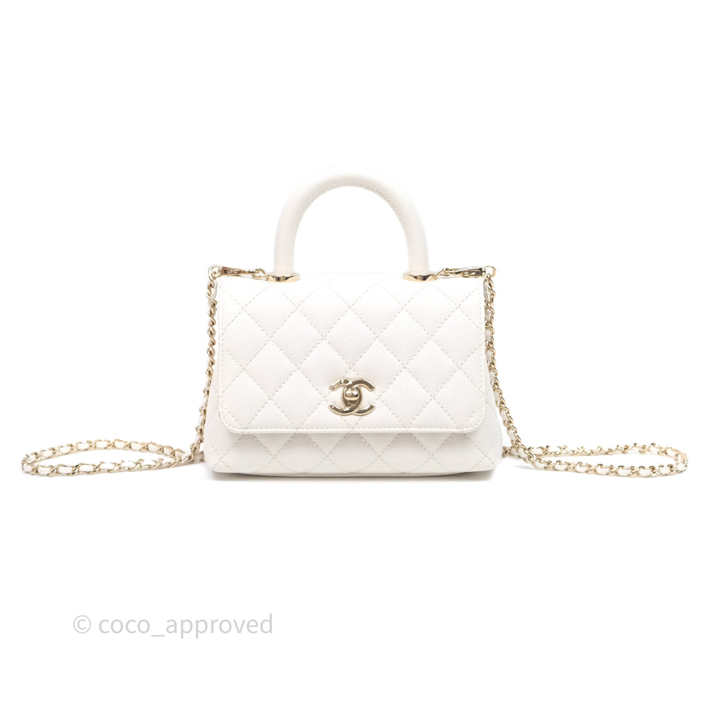 Chanel Mini Coco Handle Quilted White Caviar Gold Hardware
