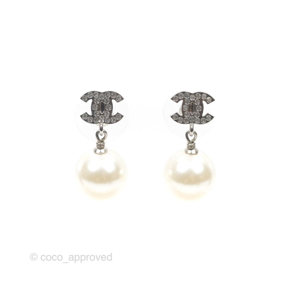 Chanel CC Crystal Pearl Drop Earrings Silver Tone 23V