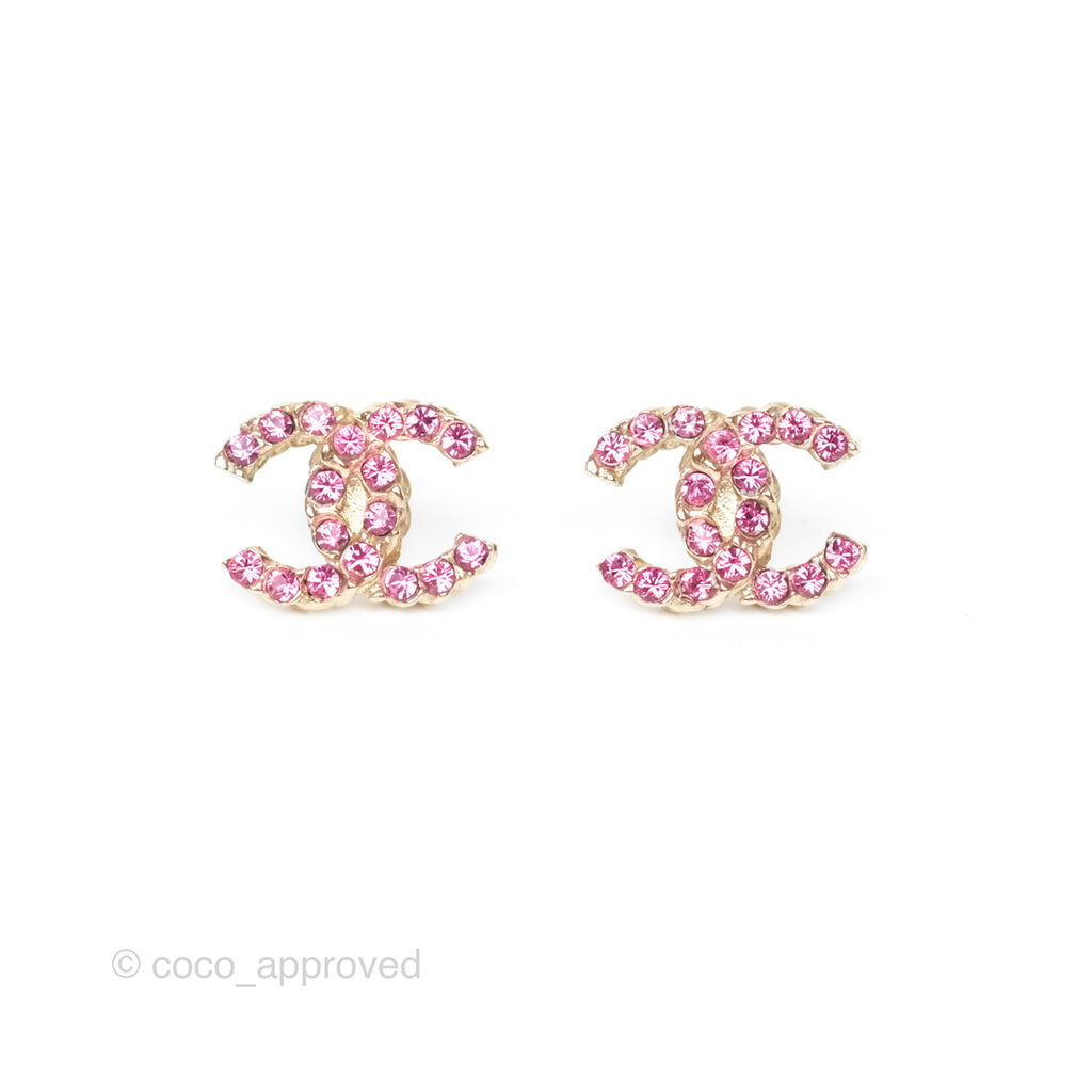 Chanel Crystal CC Earrings Gold Tone 17P