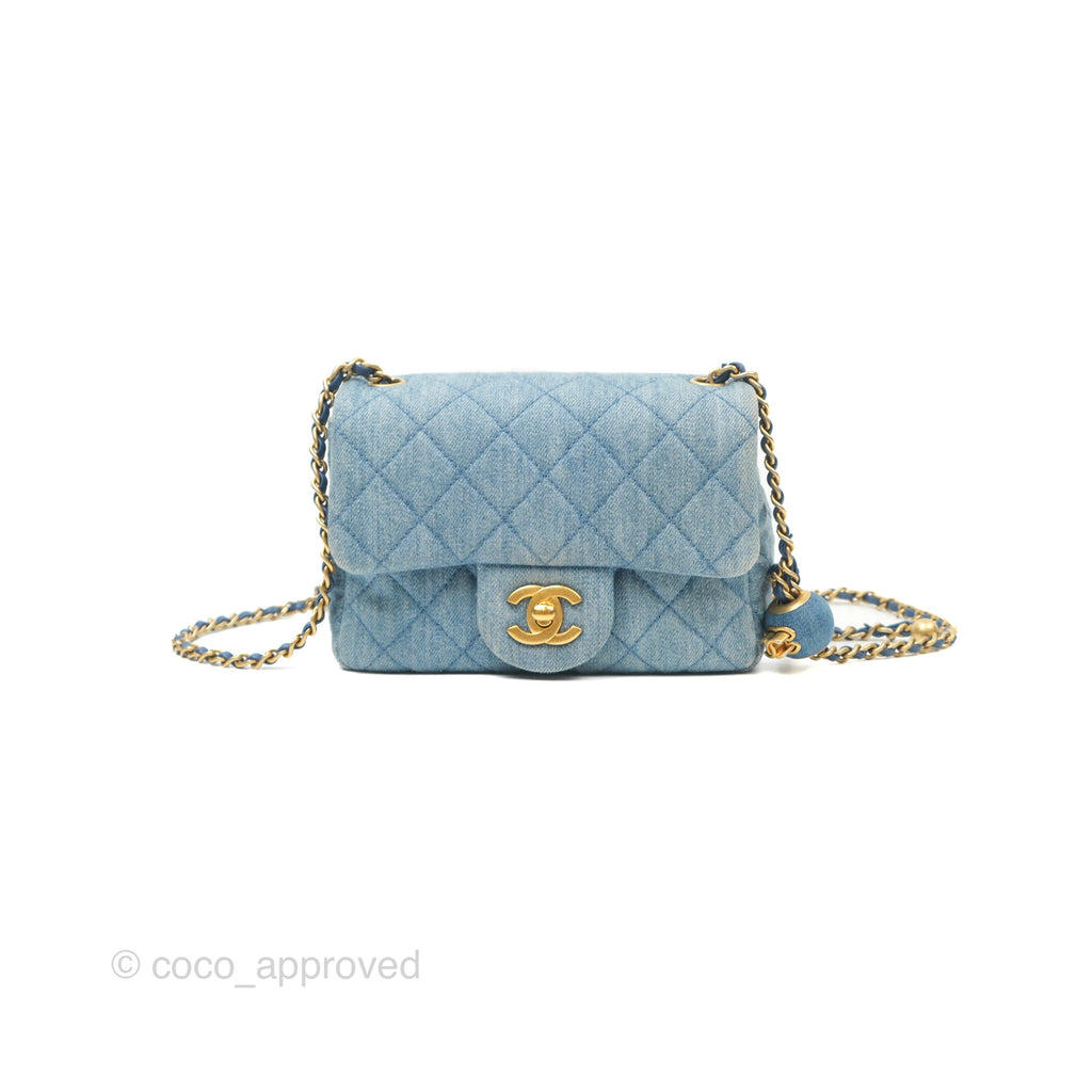 Chanel Mini Square Pearl Crush Quilted Denim Aged Gold Hardware