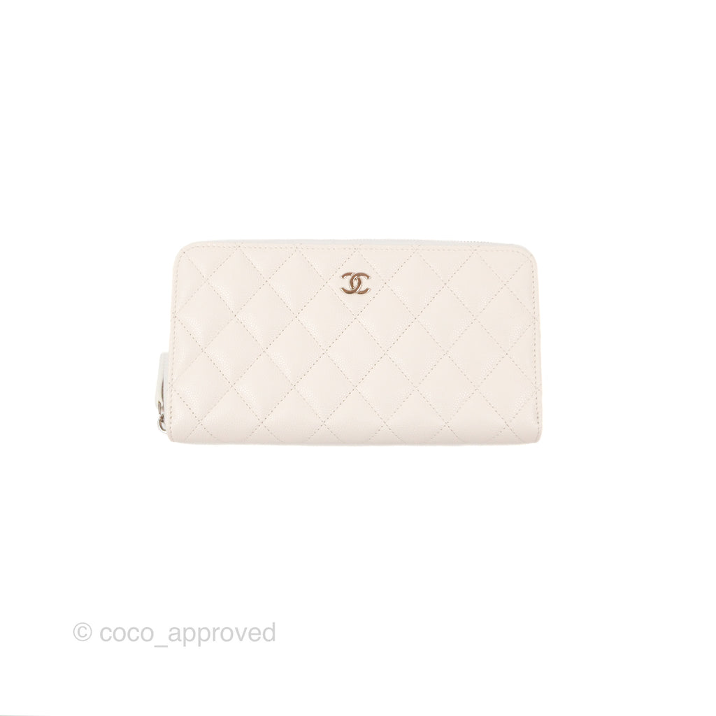 Chanel Quilted Zip Long Wallet White Caviar Silver Hardware