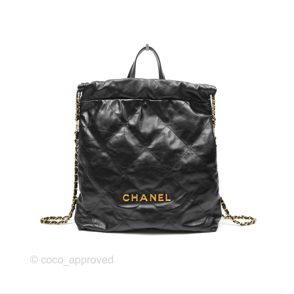 Chanel 22 Medium Backpack Quilted Black Shiny Calfskin Aged Gold Hardware