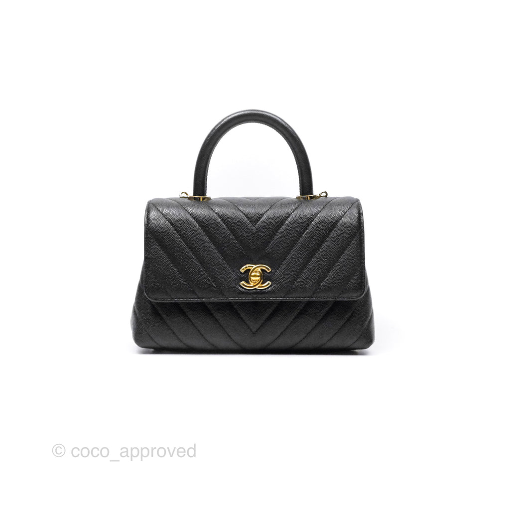 Chanel Small Coco Handle Chevron Black Caviar Gold Hardware