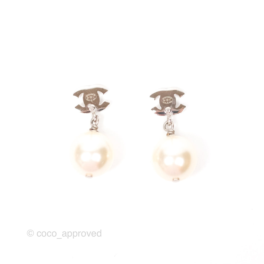 Chanel Crystal CC Pearl Drop Earrings Silver Tone 21V 