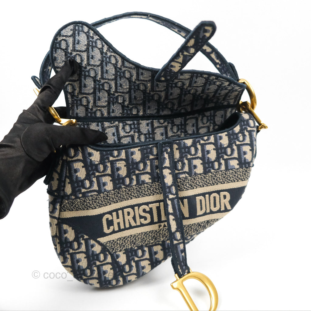 Christian Dior Navy Saddle Bag Dior Oblique Embroidery Gold Hardware