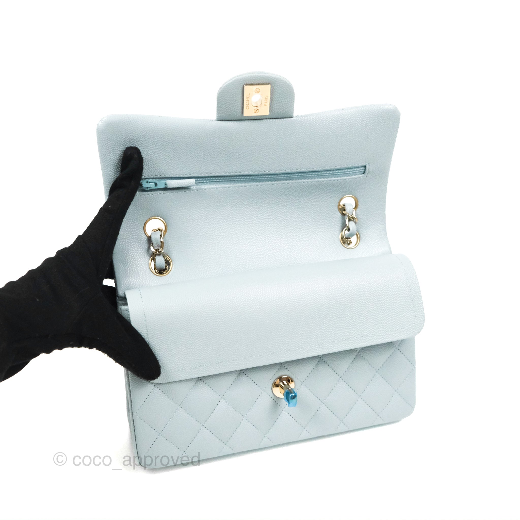 Chanel Small Classic Quilted Flap Light Blue Caviar Gold Hardware 22P –  Coco Approved Studio