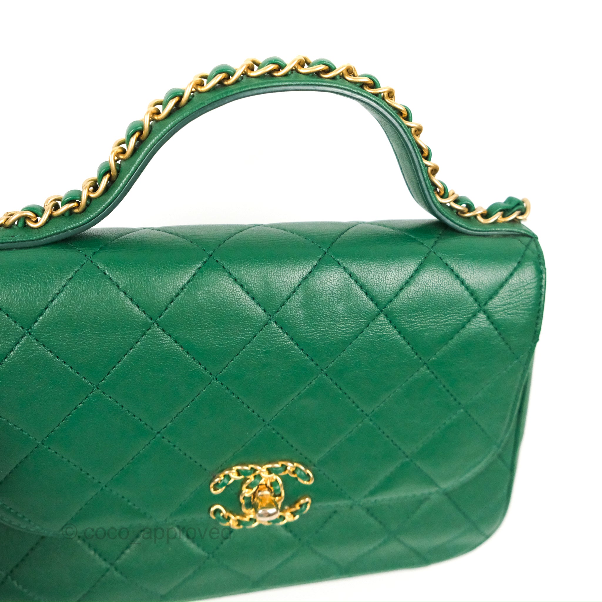 Chanel Chain Infinity Top Handle Bag Green Lambskin Aged Gold Hardware –  Coco Approved Studio