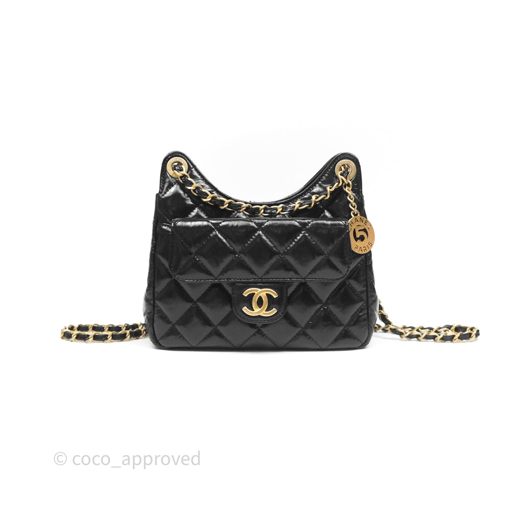 Chanel Small Wavy CC Hobo Black Shiny Crumpled Calfskin Aged Gold Hardware 23C