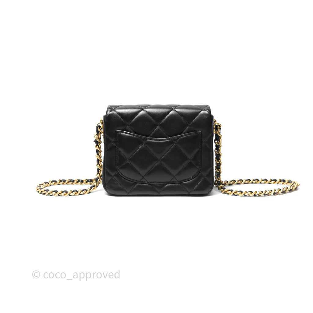 Chanel Logo Mini Square Flap Bag Black Lambskin Aged Gold Hardware 21B