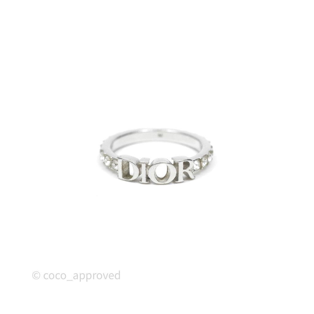 Christian Dior Crystal Logo Ring Silver Tone Size M