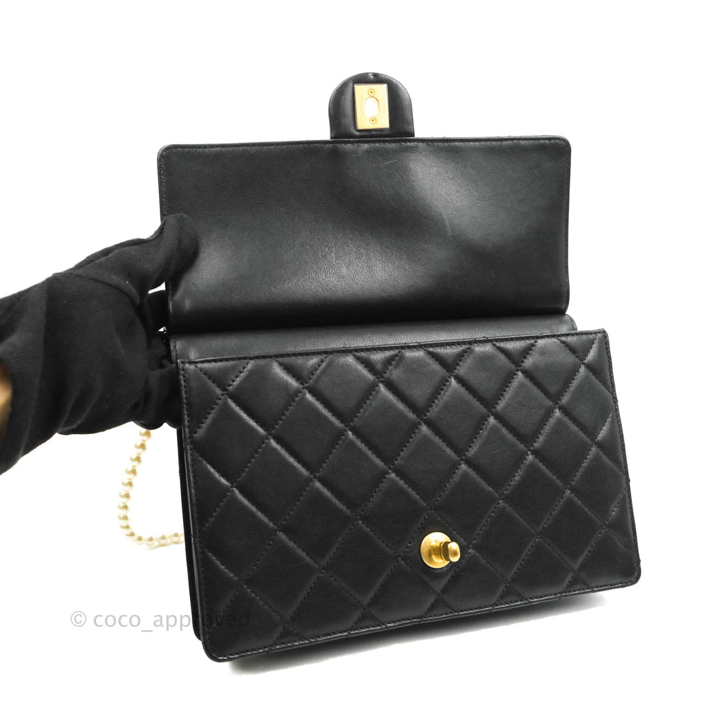 Chanel Large Quilted Pearl Chain Flap Bag Black Lambskin Aged Gold Hardware