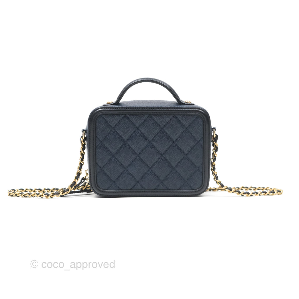 Chanel Quilted Small CC Filigree Vanity Case Navy Black Caviar Gold Hardware