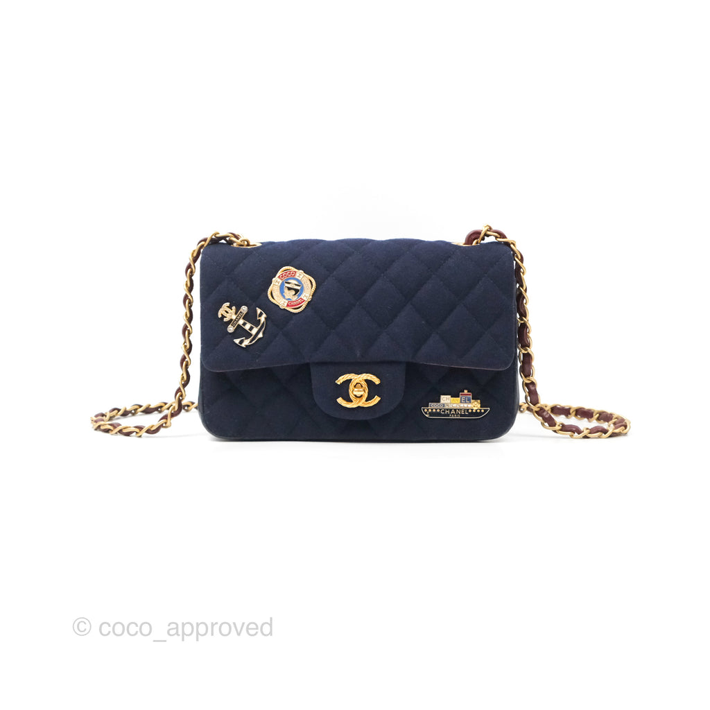 Chanel Mini Charms Rectangular Flap Navy Wool Aged Gold Hardware 18C