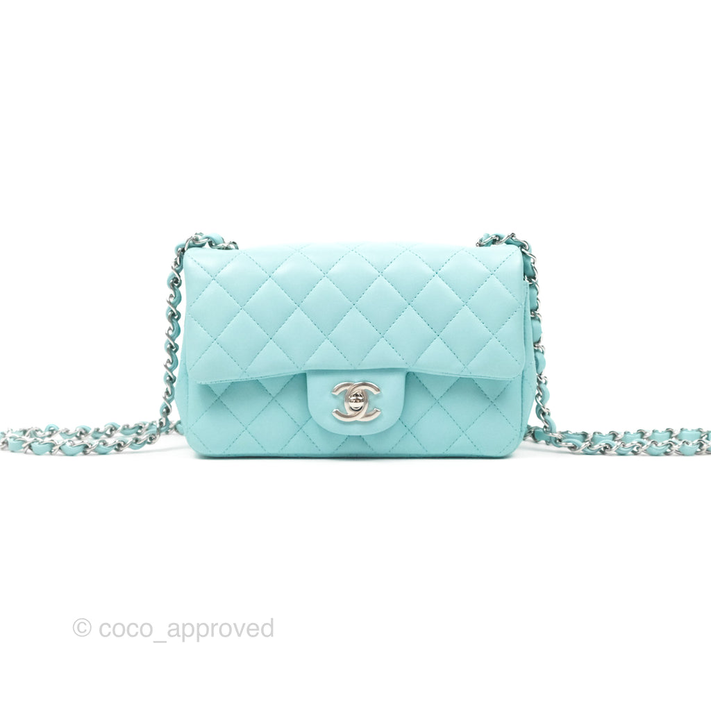 Chanel Quilted Mini Rectangular Flap Tiffany Blue Lambskin Silver Hardware