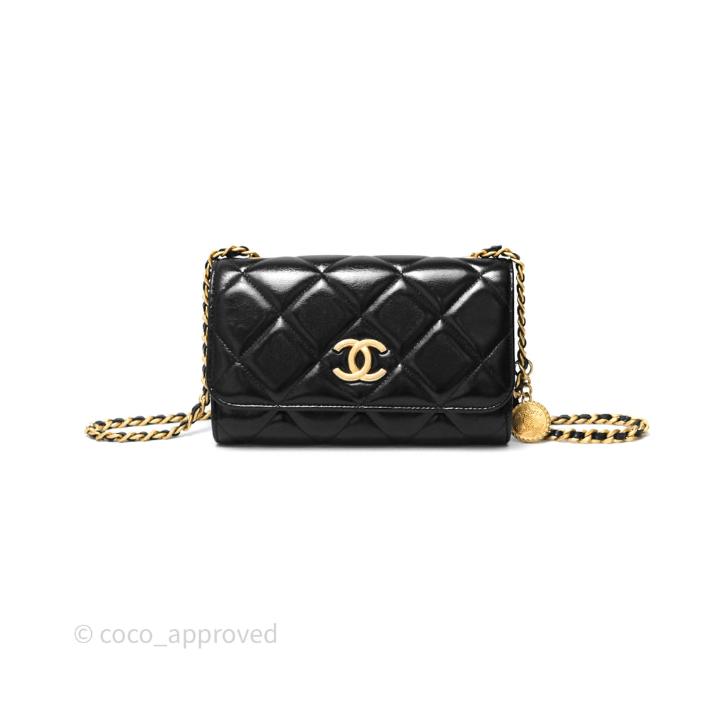 Chanel Quilted Medallion Wallet on Chain WOC Black Patent Aged Gold Hardware 22K