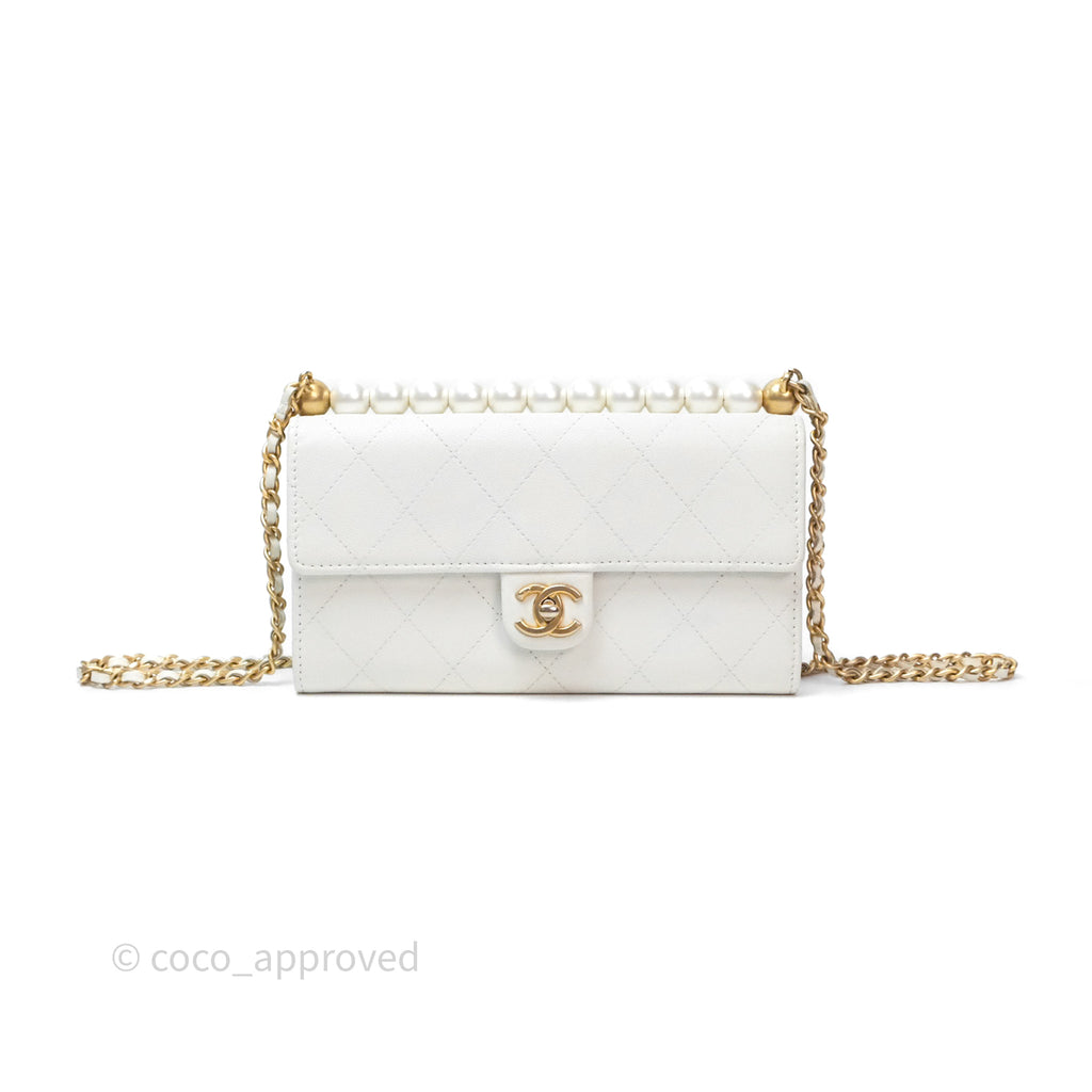 Chanel Quilted Mini Chic Pearls Flap Wallet On Chain WOC White Goatskin Aged Gold Hardware