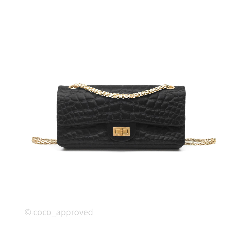 Chanel 2.55 Reissue East West Double Flap Black Satin Croc Aged Gold Hardware