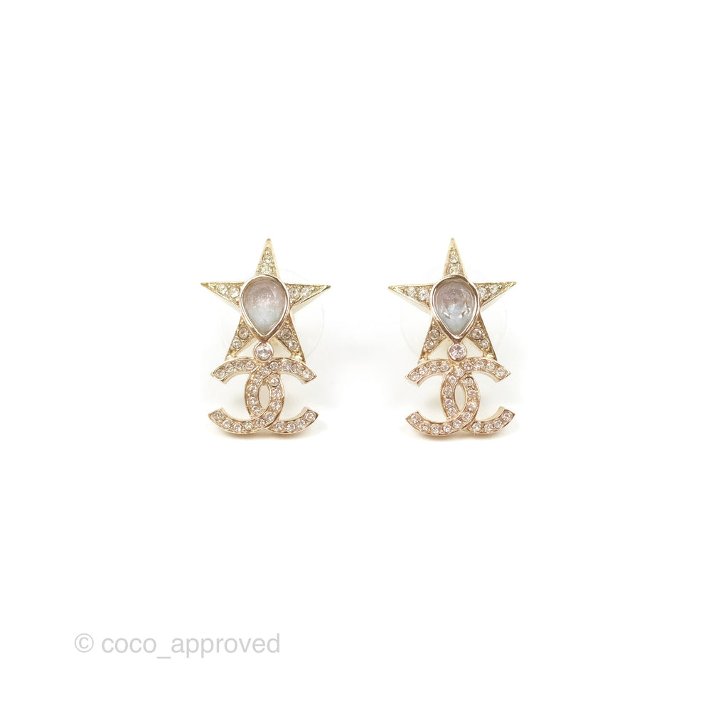 Chanel Crystal Star CC Earrings Gold Tone 23P