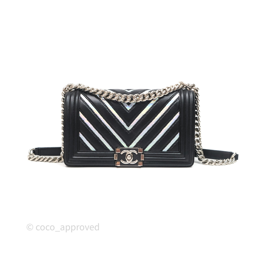 Chanel Medium Boy Chevron Iridescent PVC Lambskin Black Silver Hardware