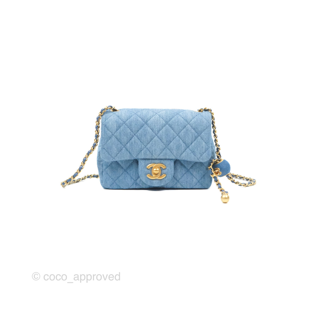 Chanel Mini Square Pearl Crush Quilted Denim Aged Gold Hardware