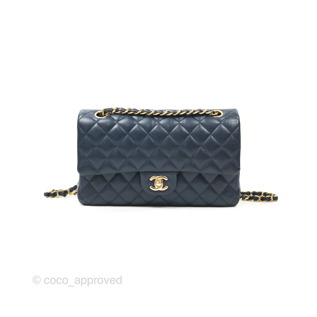 Chanel M/L Medium Classic Flap Quilted Navy Caviar Gold Hardware