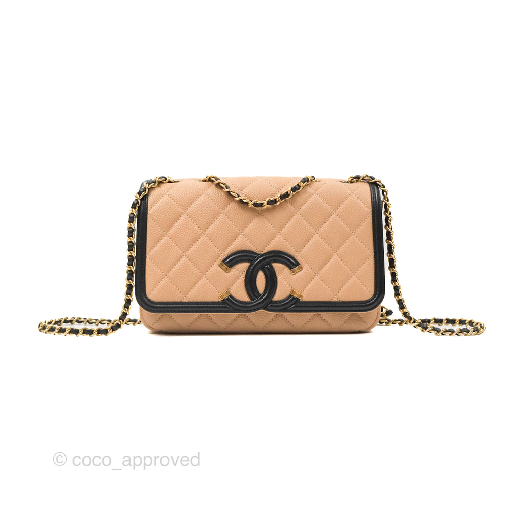 Chanel Quilted Small CC Filigree Flap Beige Black Caviar