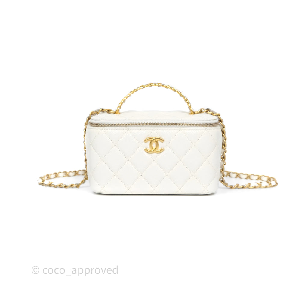 Chanel Logo Top Handle Vanity Rectangular White Caviar Aged Gold Hardware