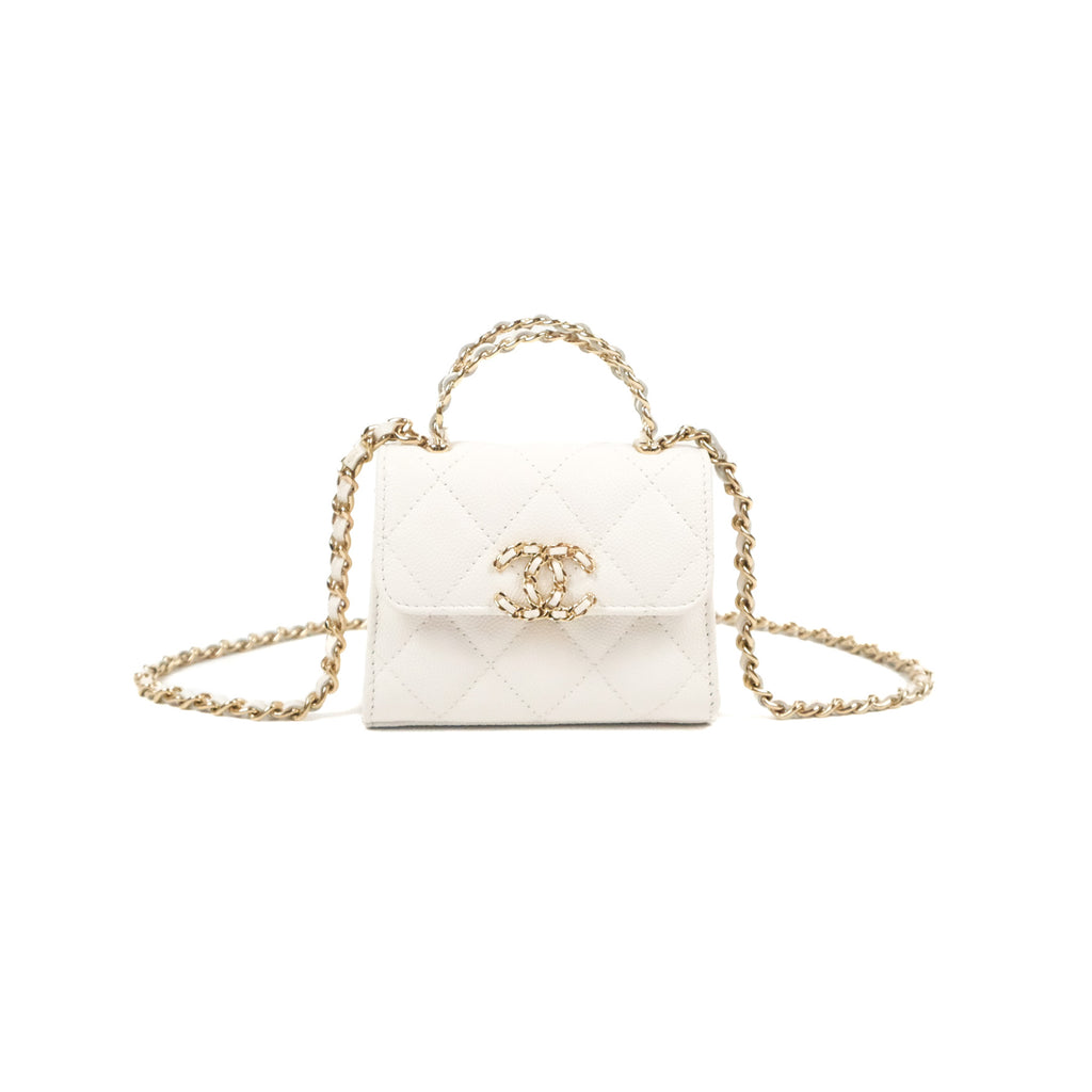 Chanel Mini Top Handle Clutch with Chain White Caviar Light Gold Hardware 23P