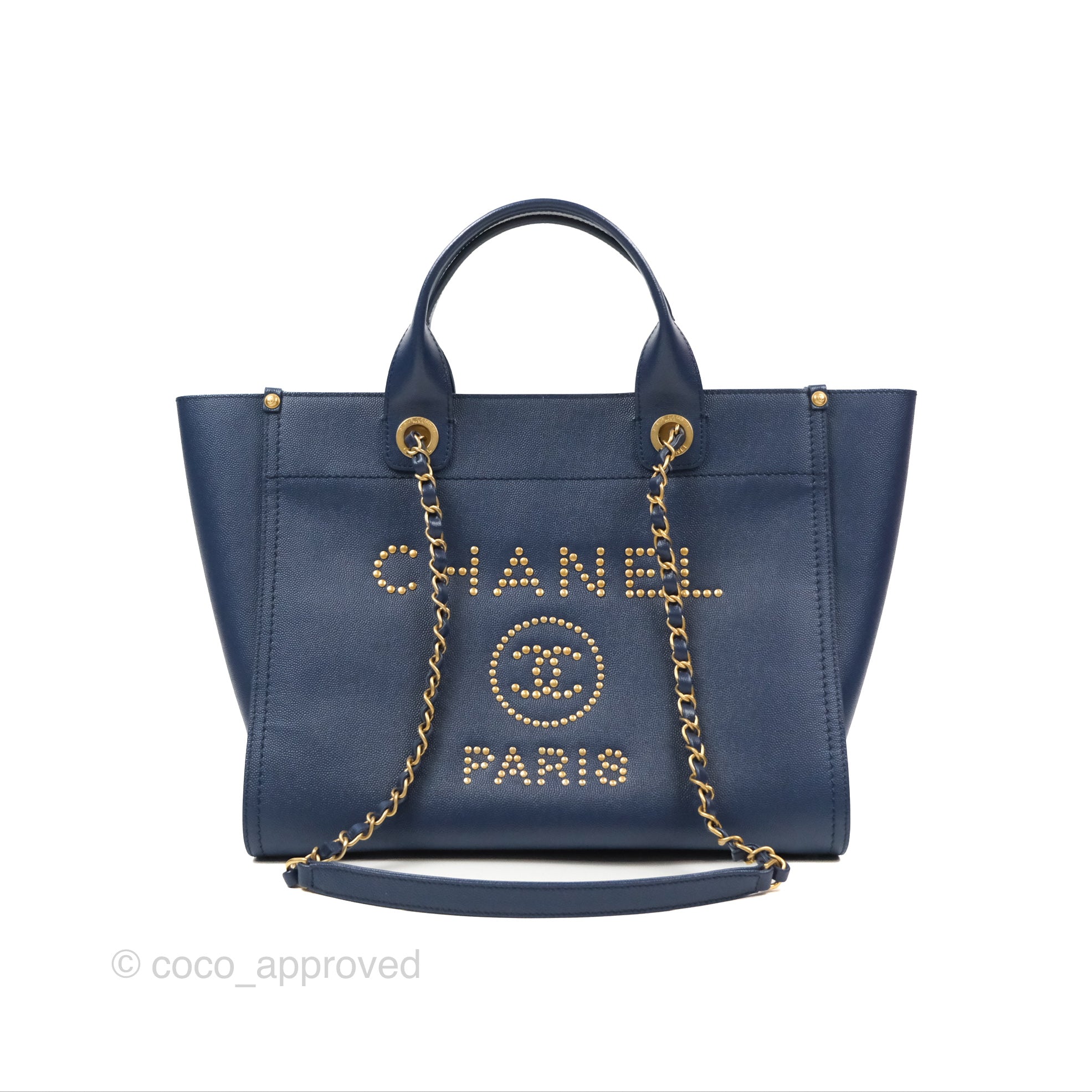 Chanel Small Studded Deauville Tote Navy Caviar Aged Gold Hardware