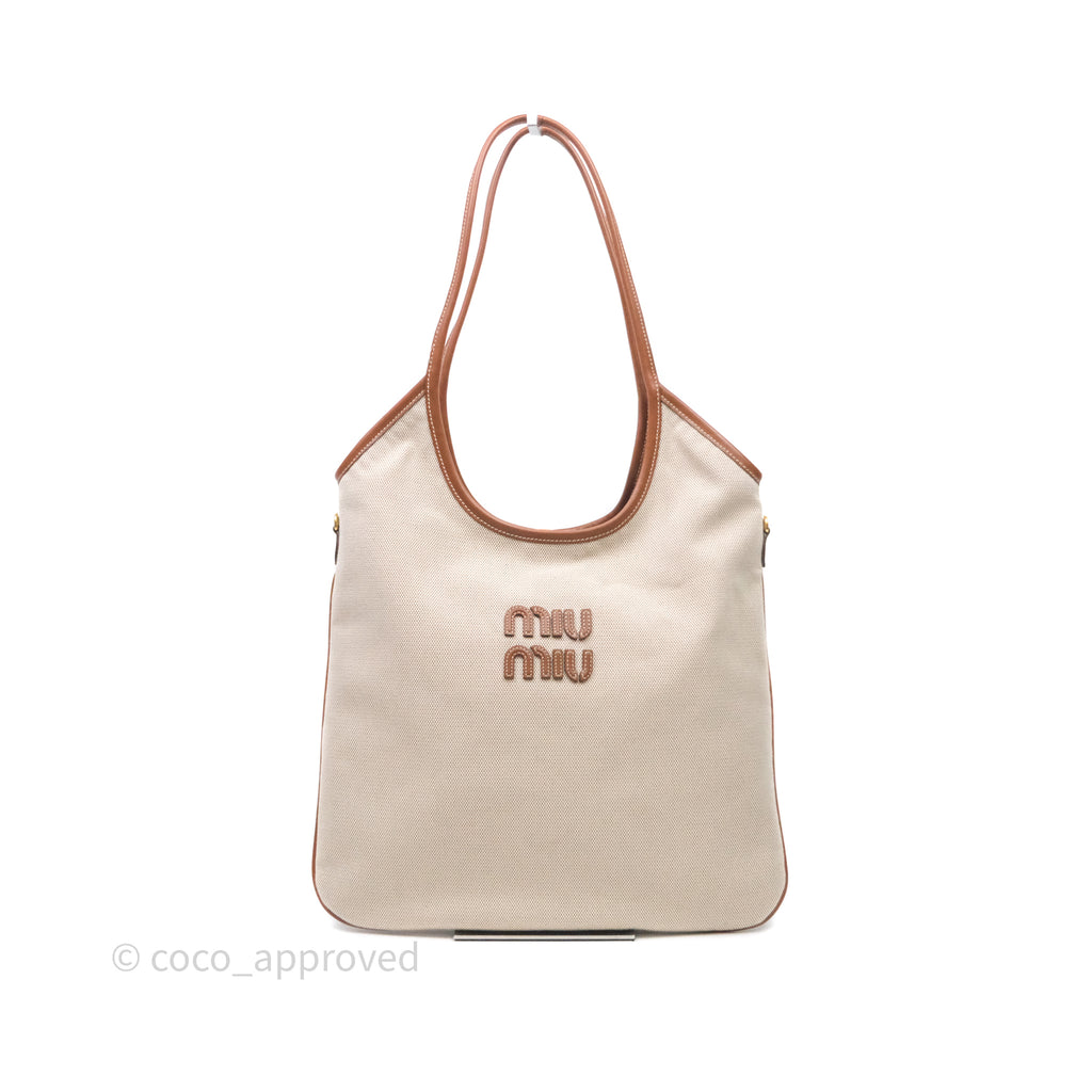Miu Miu Ivy Tote Bag Canvas Beige/Brandy