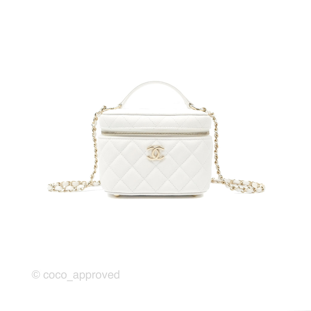 Chanel Quilted Top Handle Vanity Case White Caviar Gold Hardware