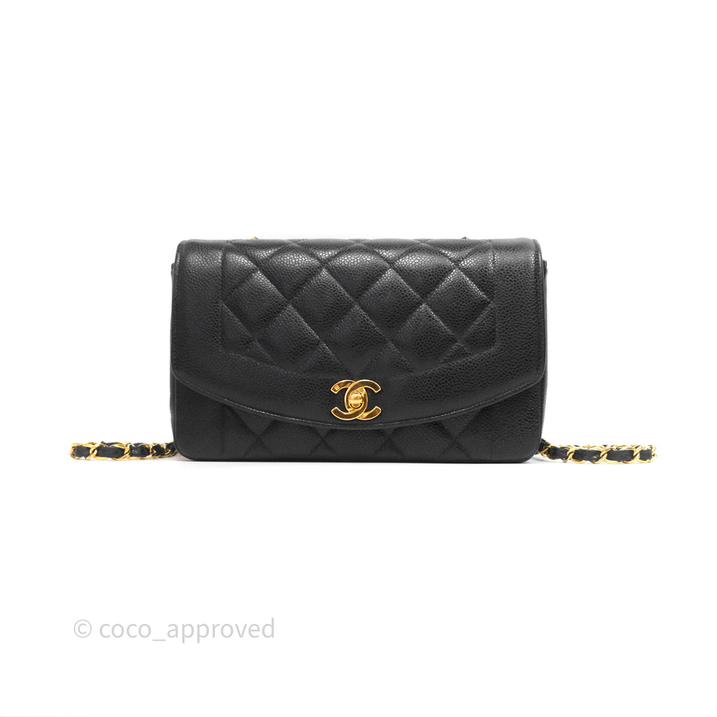 Chanel Small Vintage Quilted Classic Diana Flap Bag Black Caviar 24K Gold Hardware