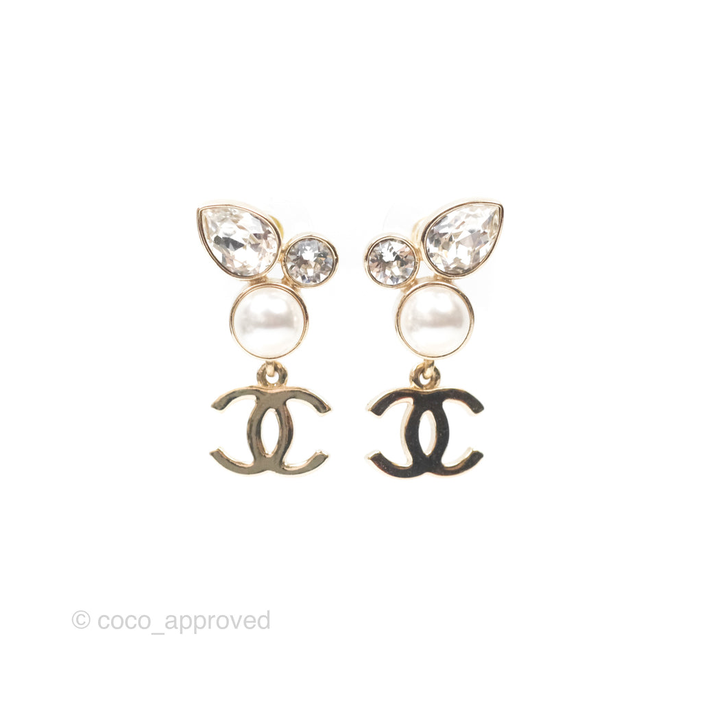 Chanel Rhinestone Pearl CC Drop Earrings Gold Tone 22C