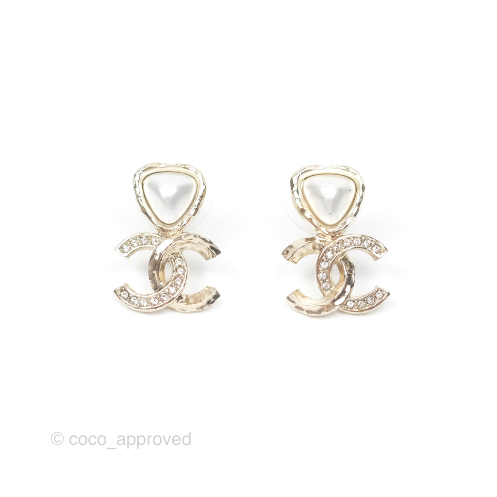 Chanel Pearl Crystal CC Drop Earrings Gold Tone 21K 