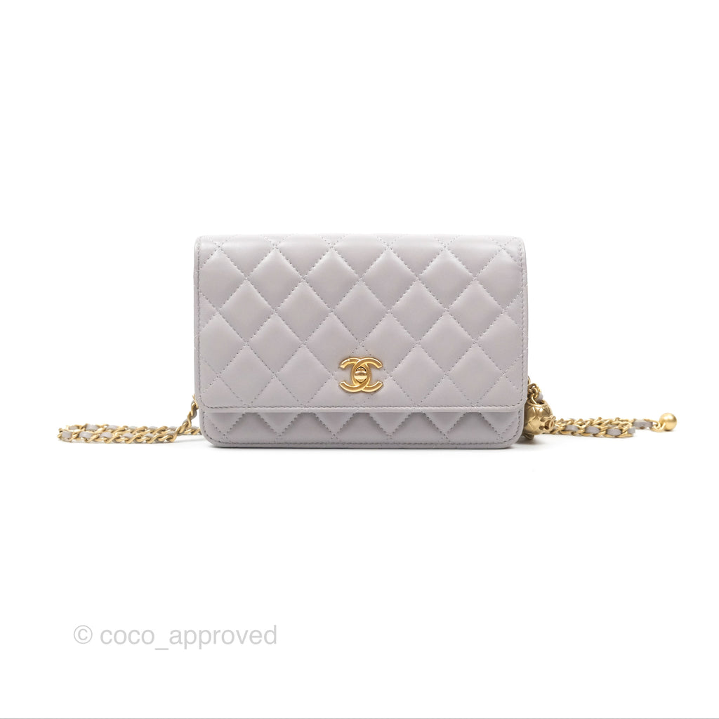 Chanel Pearl Crush Quilted Wallet on Chain WOC Light Grey Lambskin Aged Gold Hardware