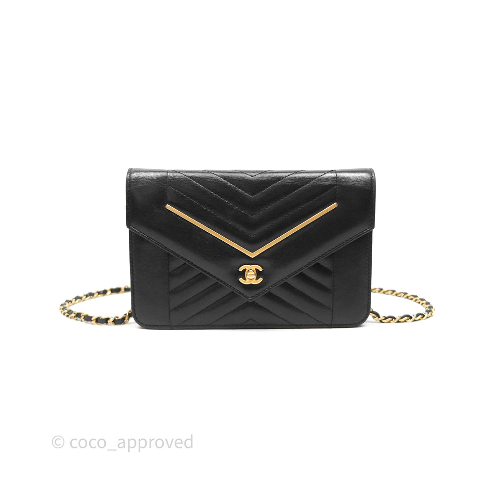 Chanel Reversed Chevron Wallet On Chain WOC Black Lambskin Aged Gold Hardware