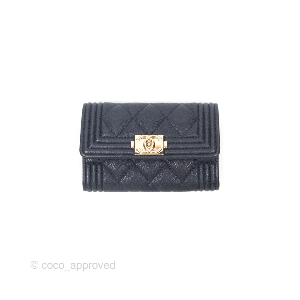 Chanel Quilted Boy Flap Card Holder Navy Caviar Gold Hardware