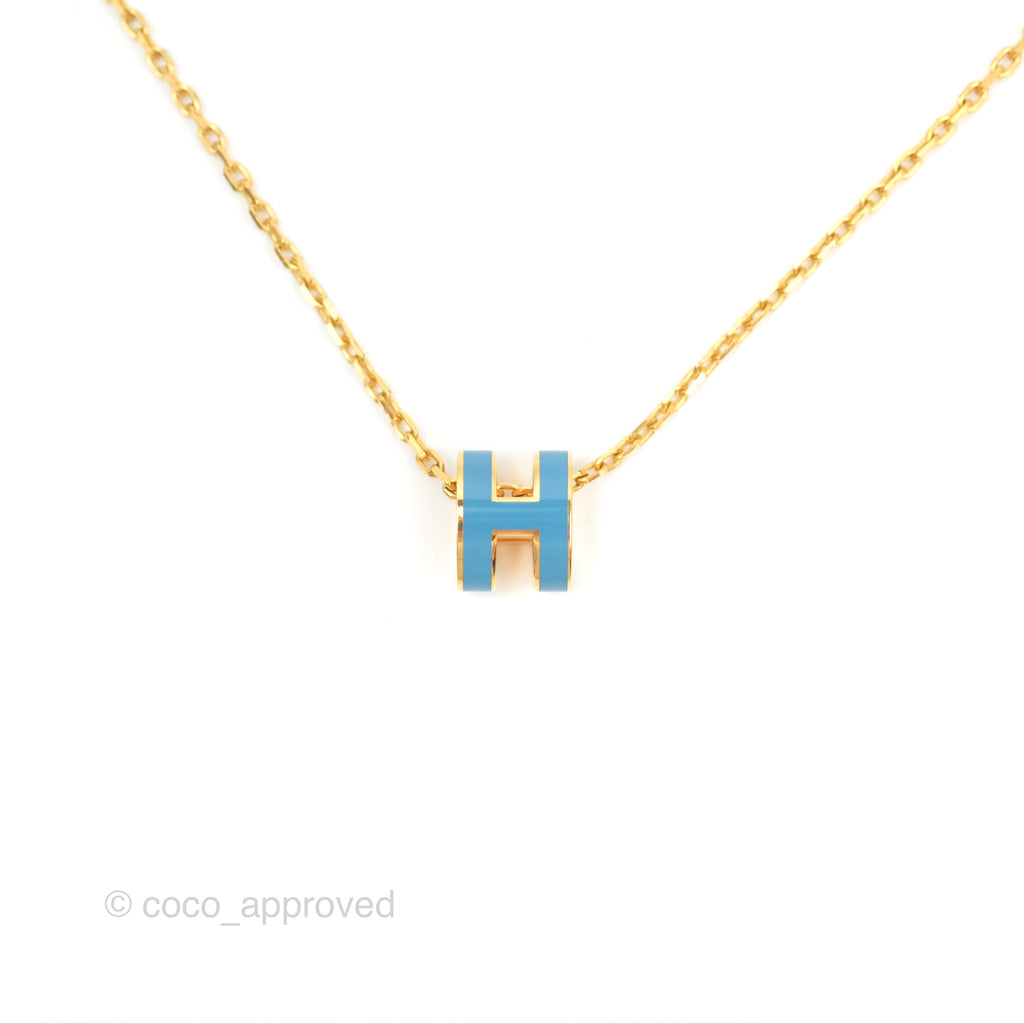Hermès Mini Pop H Pendant Necklace Blue Jean Gold Hardware