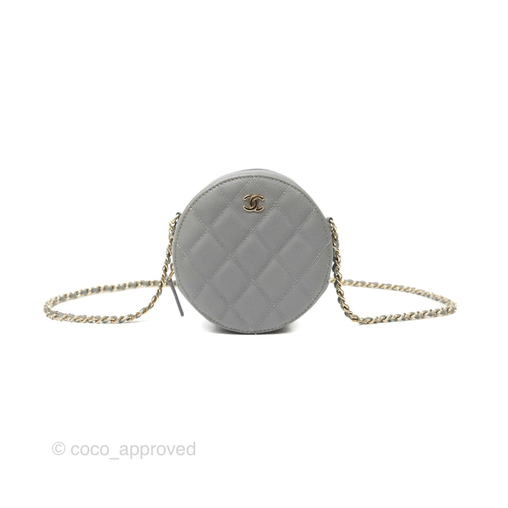 Chanel Classic Quilted Round Clutch With Chain Grey Caviar Gold Hardware