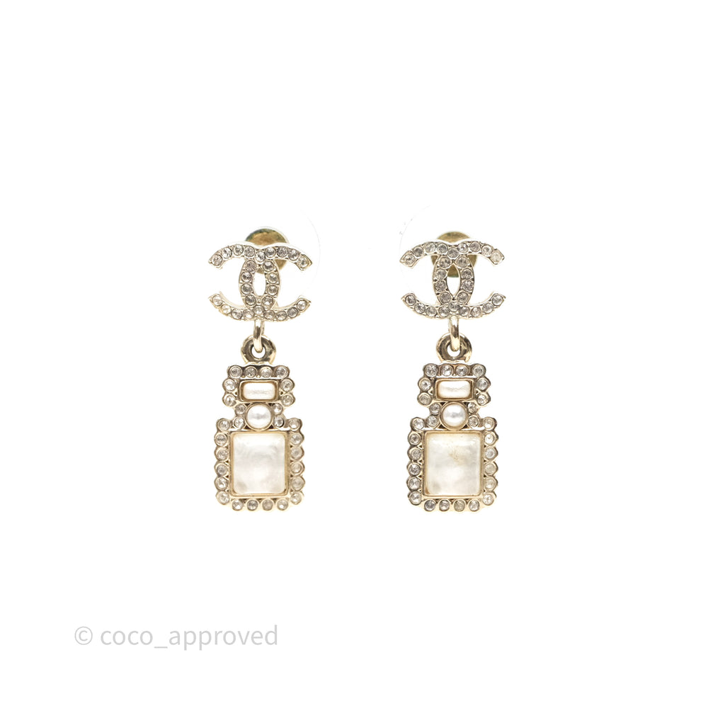 Chanel CC Crystal Perfume Bottle Earrings Gold Tone 21K