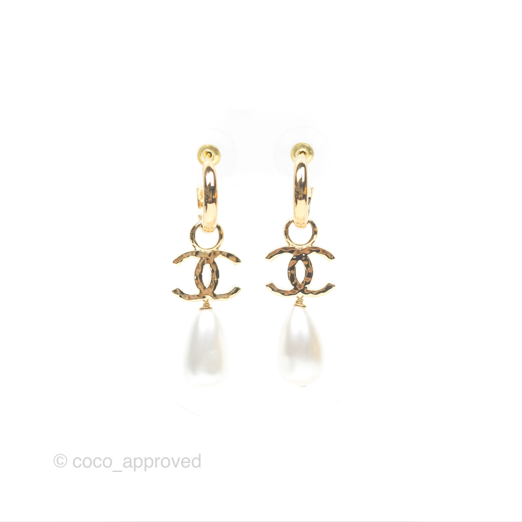 Chanel CC Pearl Drop Hoop Earrings Gold Tone 24S