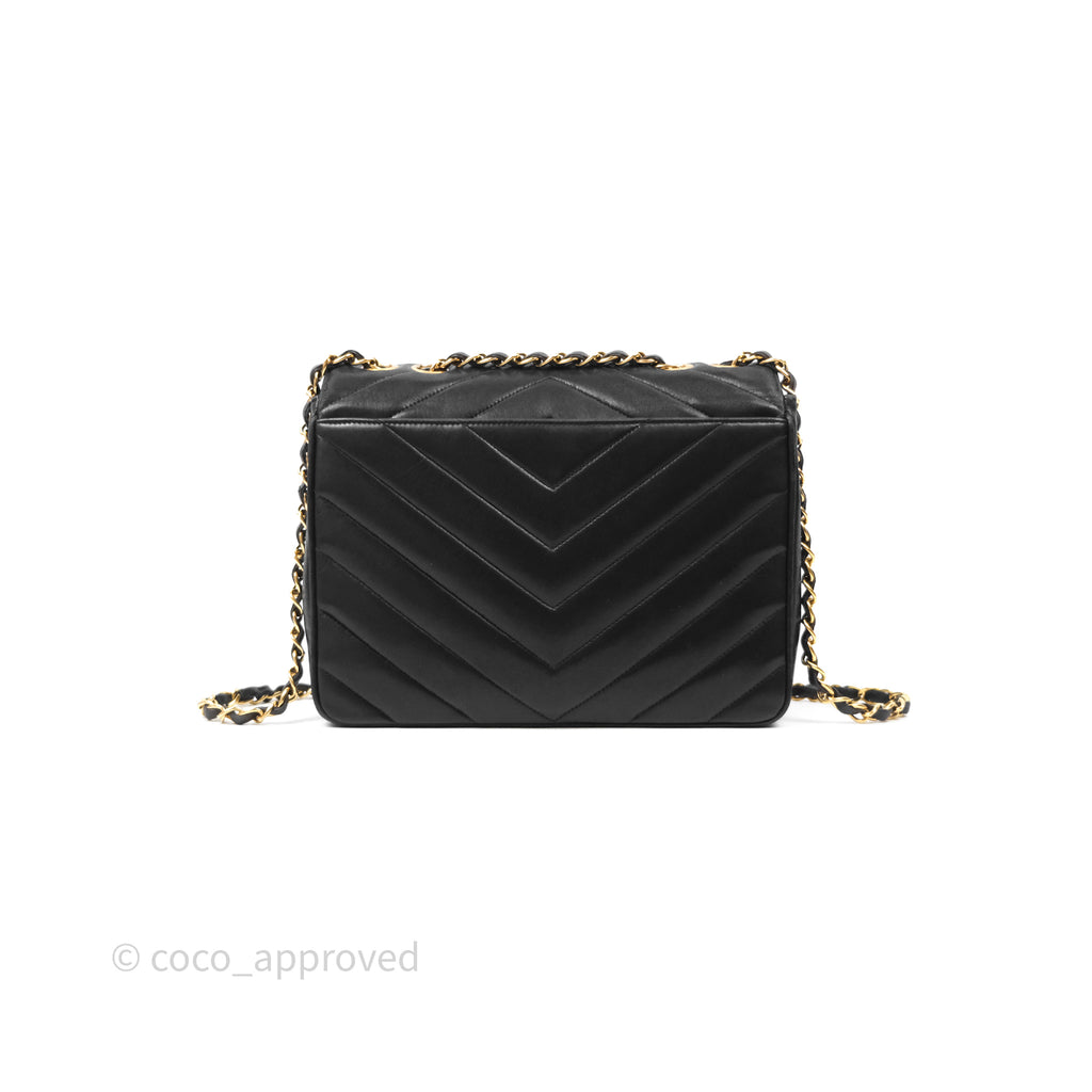 Chanel Vintage Chevron Envelope Flap Bag Black Lambskin 24K Gold Hardware