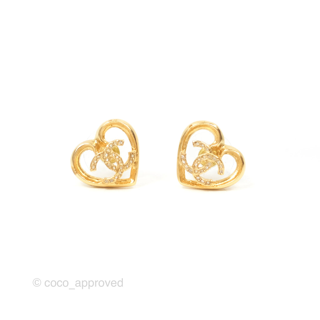 Chanel Crystal CC Heart Earrings Gold Tone 23C