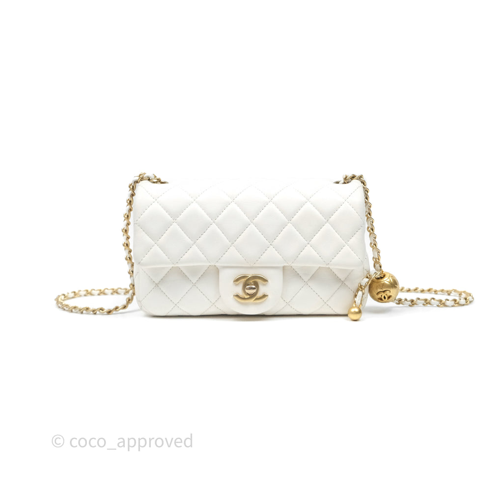 Chanel Mini Rectangular Pearl Crush Quilted White Lambskin Aged Gold Hardware