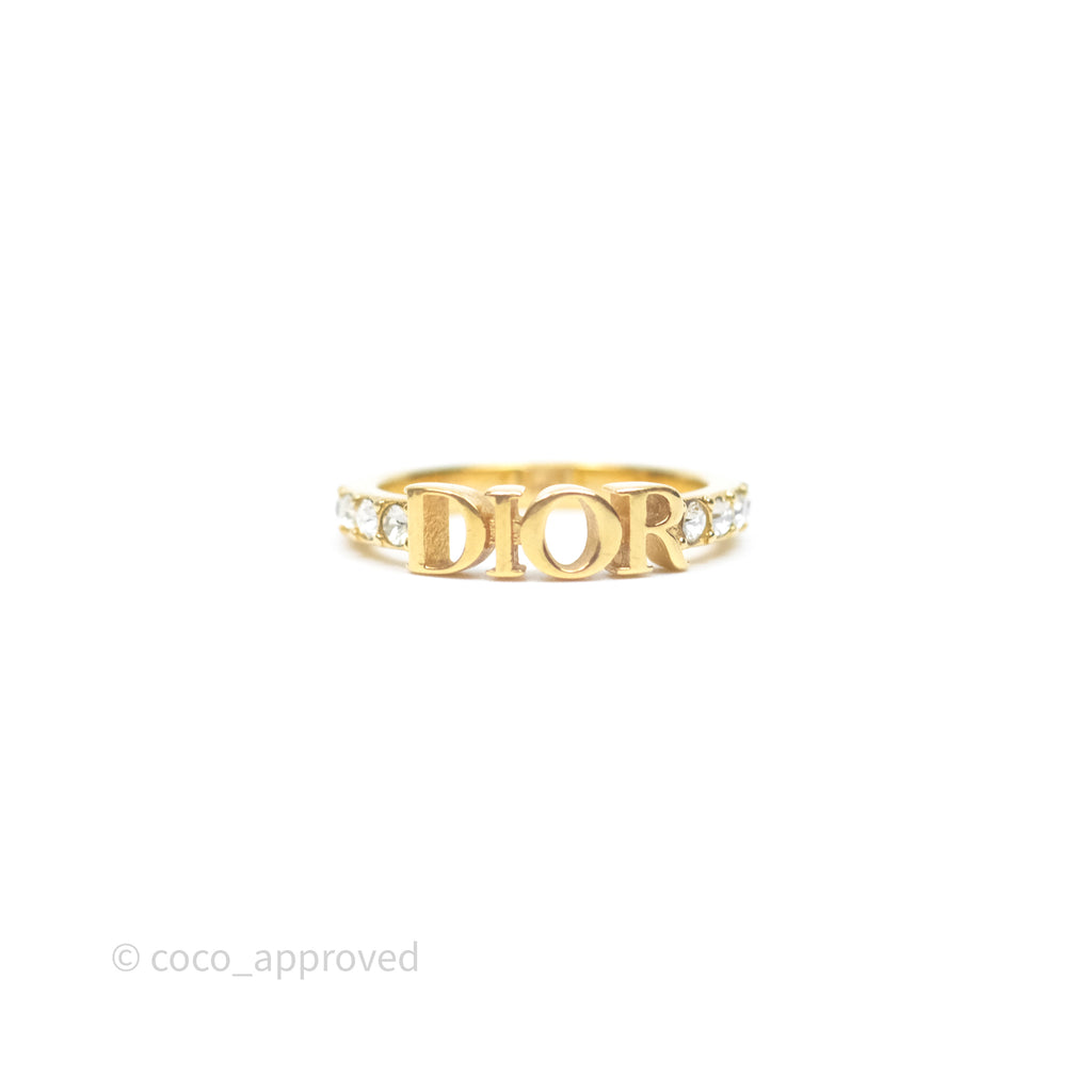 Christian Dior Crystal Logo Ring Gold Tone Size M