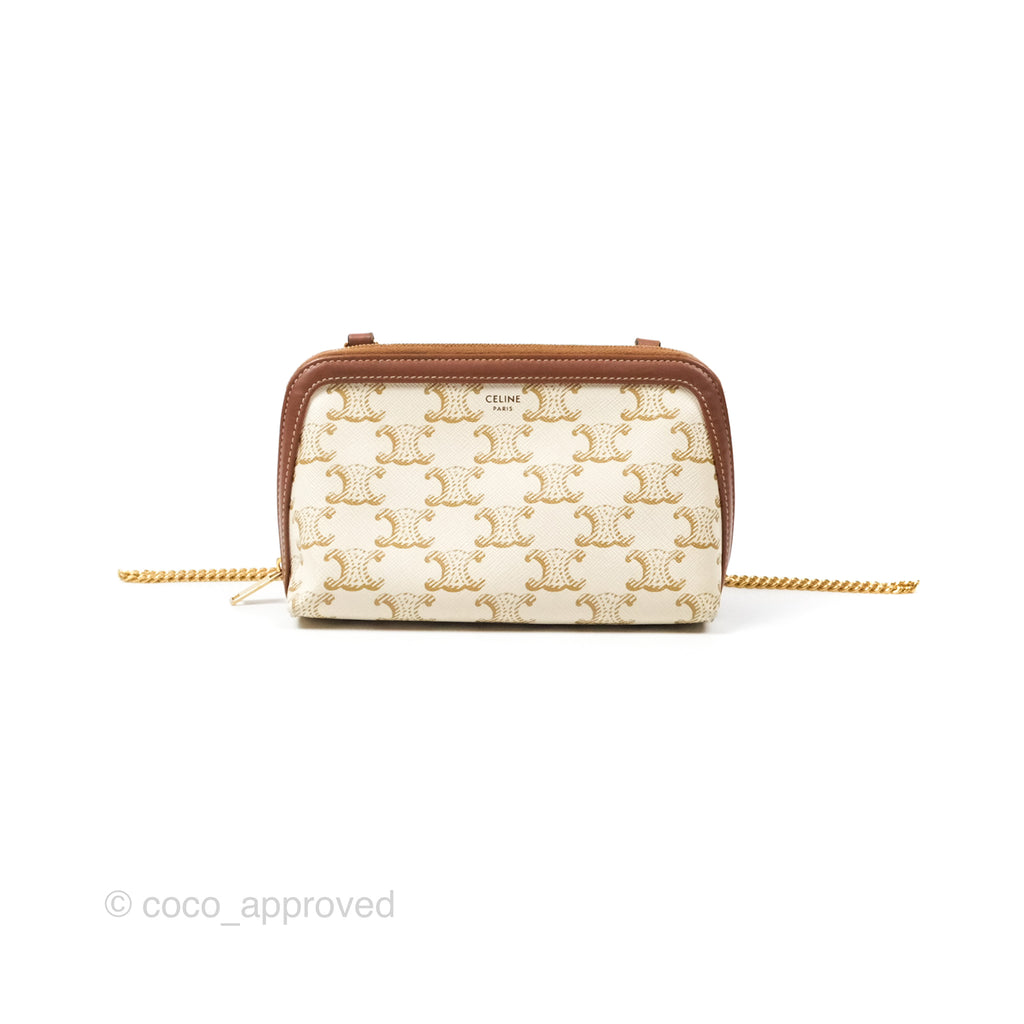 Celine Clutch With Chain Triomphe Canvas Lambskin White/Tan